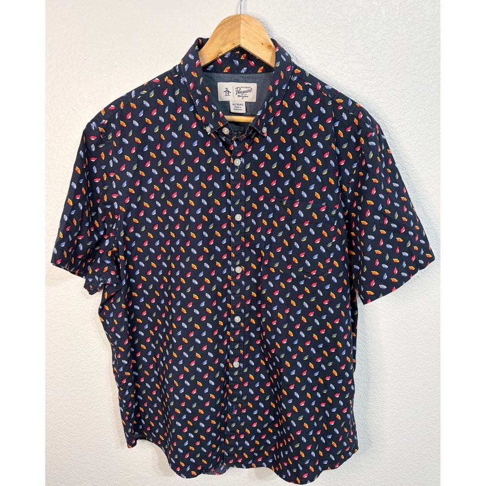 Original Penguin Mens XL Seashell Print Short Sleeve Button Down Shirt Navy Blue